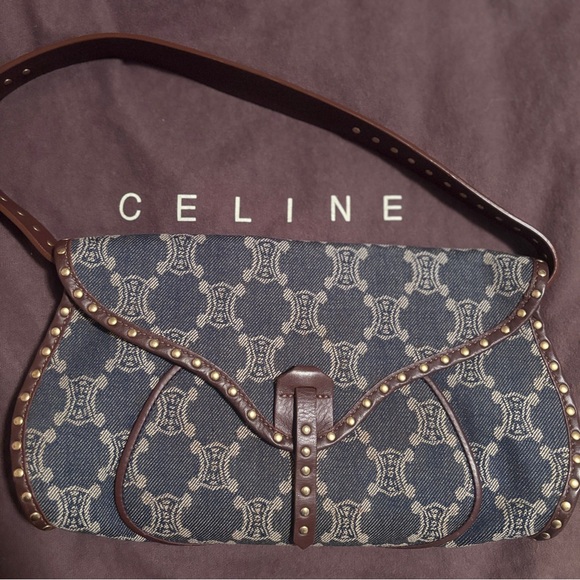Celine Denim and Brown leather Studded Shoulder Bag - Picture 1 of 16